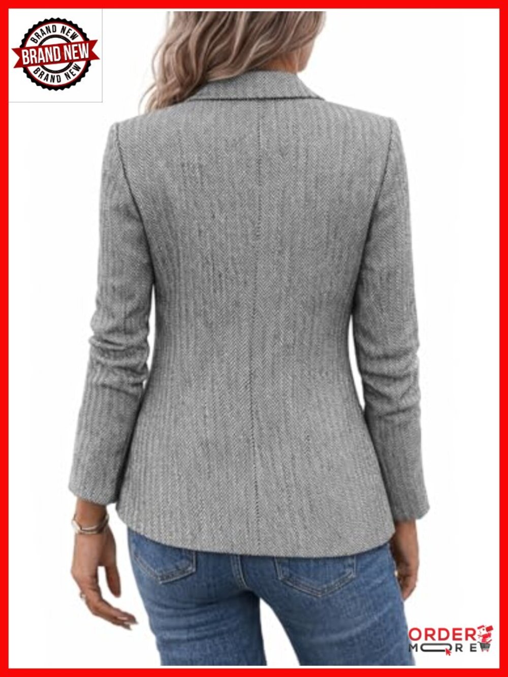 Herringbone Tweed Blazer - Notched Lapel Fully Lined Work Office Blazer Jacket - Picture 3 of 5